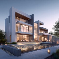 A modern luxury villa with swimming pool at sunset.