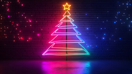 Neon Christmas tree on a brick wall background. Festive holiday decoration.