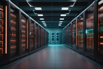 Luxurious Database servers in render farm with flickering lights for neural network