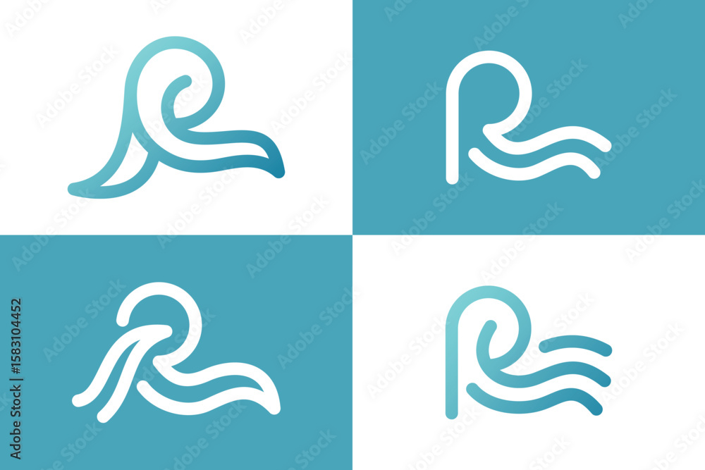 Poster collection of abstract vector letter r with river or wave element logos. perfect for water-related b