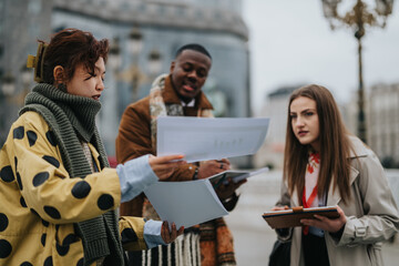A diverse group of people engage in a meeting, reading documents, and discussing ideas outside in a...