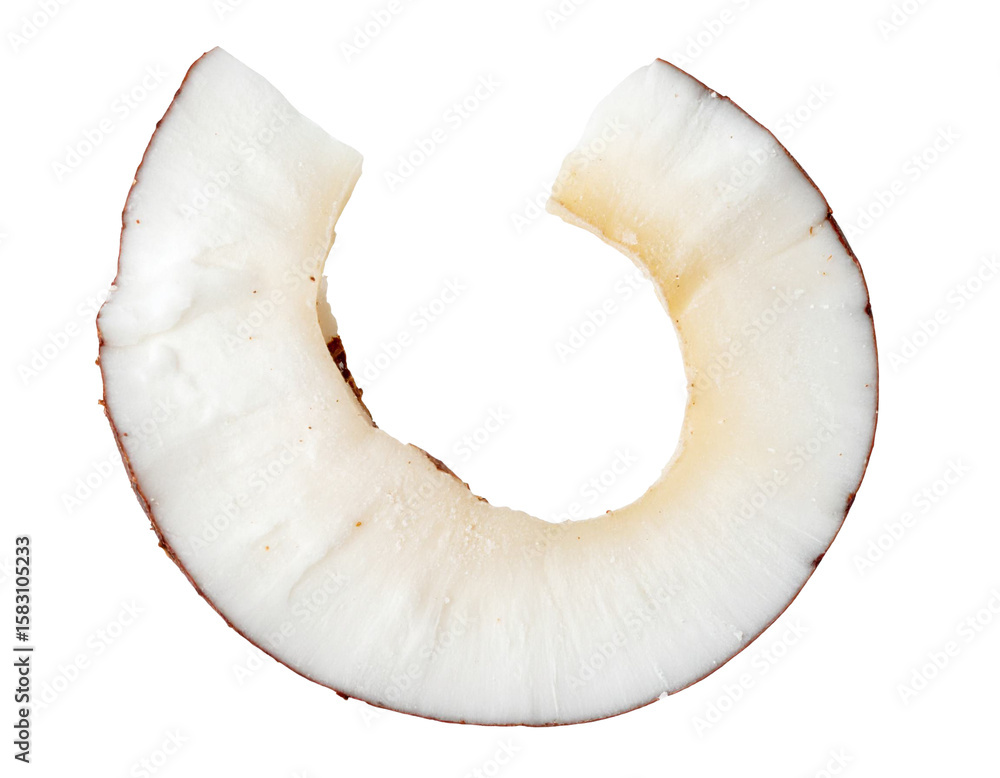 Poster close up of a single slice of dried coconut showing its texture and shape, isolated on a transparent