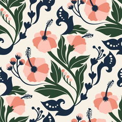 florals hibiscus fabric pattern vector flat design,mughal flower motif pattern