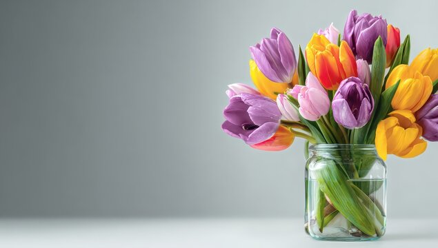 Colorful tulips bouquet in a glass jar sitting on a table on gray background - Powered by Adobe