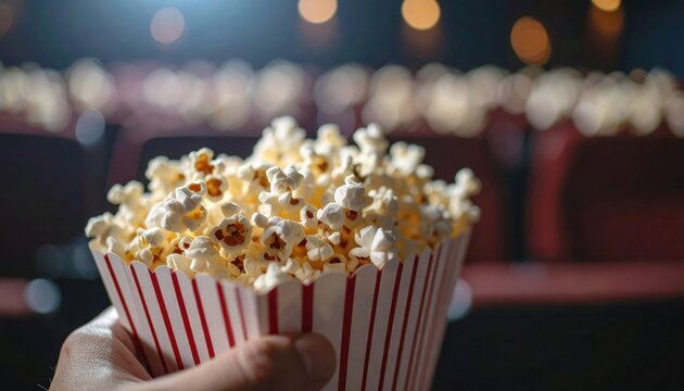 Fresh popcorn in a classic striped box at a cinema, with blurred theater seats and warm ambient lighting in the background.