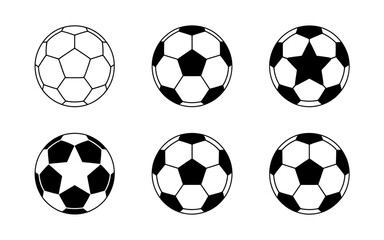 Collection of six classic soccer balls with black and white pentagon and hexagon patterns