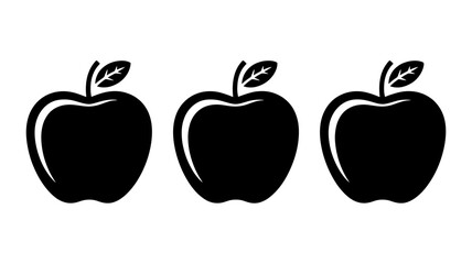 Three stylized black apples with leaves arranged in a row on a white background
