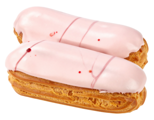 Two appetizing eclairs with pink strawberry glaze isolated on transparent background, perfect for pastry and bakery projects