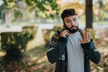 A man stands outside among fall foliage, talking on a mobile phone, gesturing expressively. The...