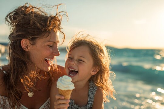 Happy young mother with her little daughter eating an ice cream at the beach. Summertime concept.