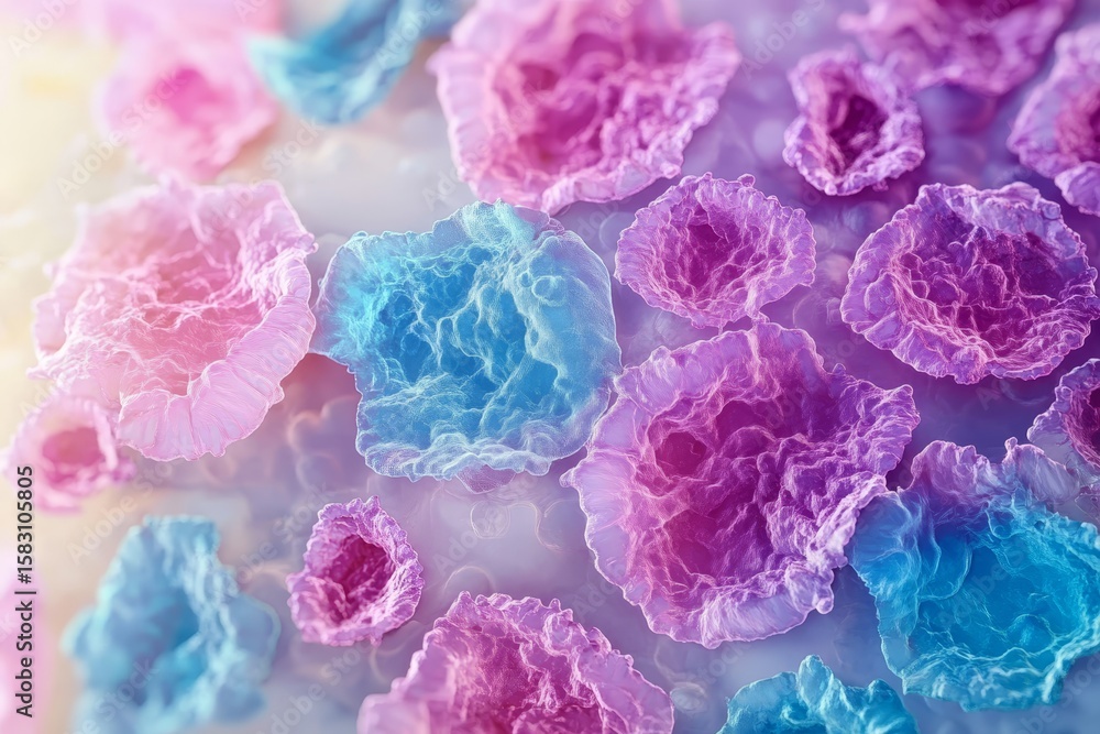 Poster a microscopic image of cancer cells highlighting intricate textures and surface patterns