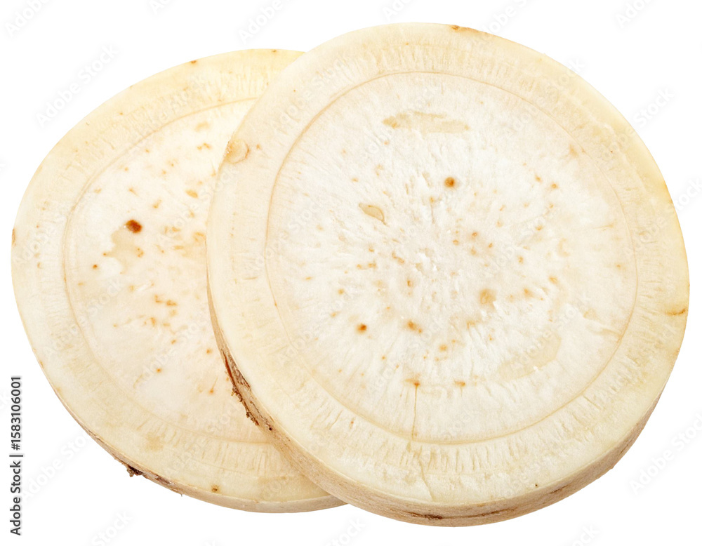 Poster horseradish root slices displaying sharp texture, positioned on transparent surface with pristine cl