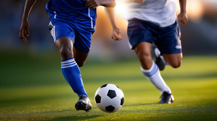 Soccer Players Kicking a Ball under Gentle Daylight