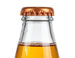 Copper capped kombucha glass bottle revealing fermented beverage details, positioned against transparent backdrop