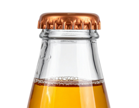 Copper capped kombucha glass bottle revealing fermented beverage details, positioned against transparent backdrop