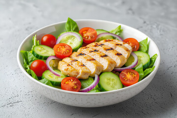Grilled chicken salad bowl with cucumber, cherry tomatoes & red onion
