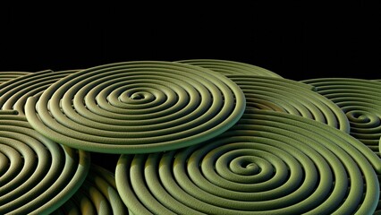 A 3d rendering of green, spiral-shaped mosquito coils. The coils are a uniform and muted green color.
