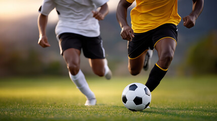 Soccer players in action kicking a ball during daylight