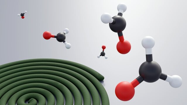 A 3D molecular model of formaldehyde and green mosquito coils, potentially alluding to concerns about the release of formaldehyde when these coils are burned.