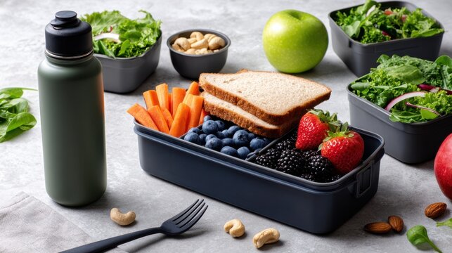 A balanced lunch box featuring fresh fruits, vegetables, whole grain bread, and a reusable water bottle, perfect for a nutritious meal on the go.
