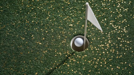 Miniature golf ball near hole with flag on glittery green surface