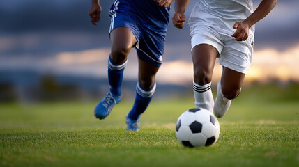 Obraz premium Soccer Players Kicking a Ball in Gentle Daylight Action