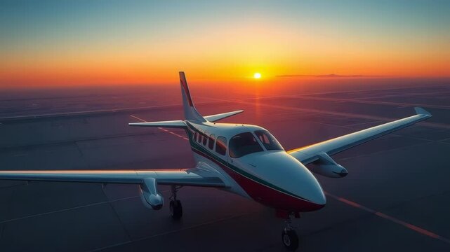 A twinengine propeller airplane flies through the sky at sunset