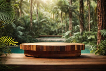 Outstanding Wooden table with jungle in the background Empty wooden table for product display
