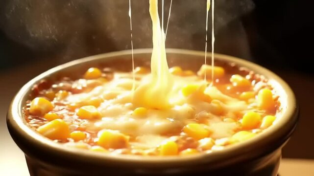 Melted cheese with corn, and hot dish.