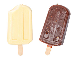 Two ice cream popsicles, one vanilla and one chocolate with nuts, melting on a transparent background