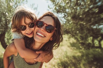 Cute young mother and little son in piggy back wearing sunglasses in a park in nature.