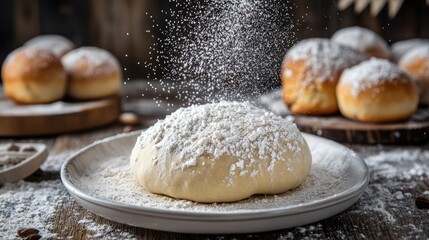 Artisan and Rustic Bread Being Prepared in Bakery with Flour Sprinkled on Dough for Baking