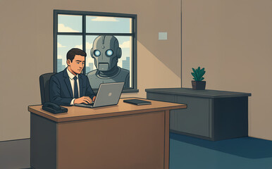 Cartoon Businessman at Desk with Robot Watching Through Window. Artificial Intelligence Threat Concept