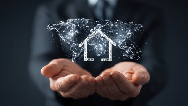 Hands cradle house icon on a global network. Home expansion, relocation ad use