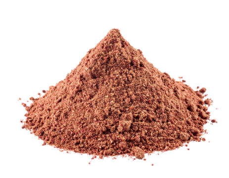 Conical pile of ground sumac spice, scattered against transparent backdrop, shadow free