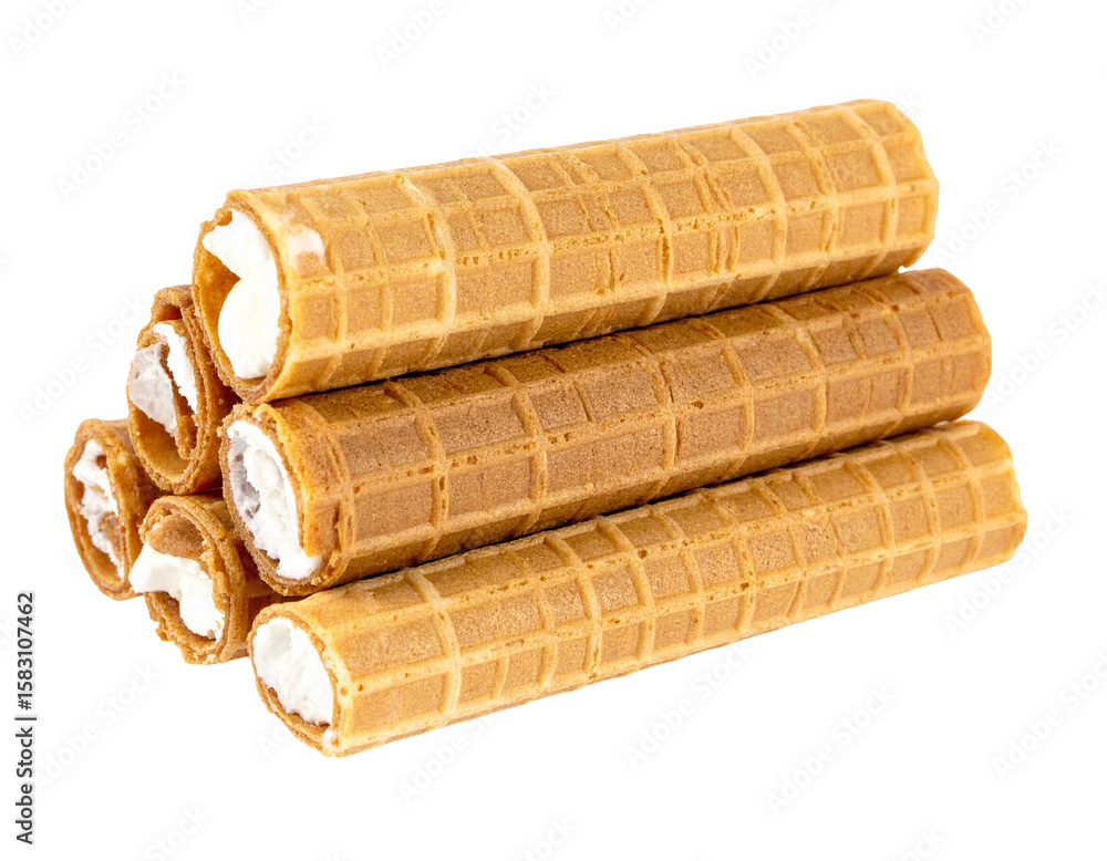 Poster wafer rolls filled with a creamy filling are stacked, creating a tempting presentation on a transpar