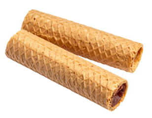Chocolate filled wafer rolls lying side by side, showcasing creamy filling against transparent backdrop with delectable culinary styling