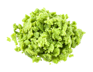 Grated wasabi root close up, transparent backdrop highlighting culinary ingredient's vibrant green texture