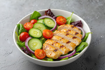 Grilled chicken salad bowl with mixed greens, cherry tomatoes & almonds