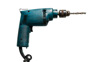 Furadeira el&eacute;trica com desgastes de uso, isolada.