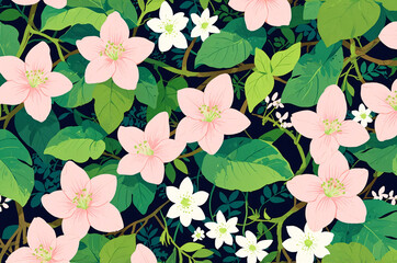 Pink and white flowers with green leaves spread across a dark background