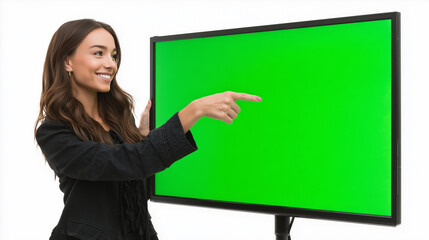 Smiling Woman Pointing at Green Screen Monitor – Business Concept with Copy Space