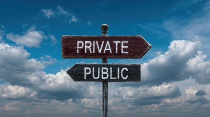 This image features a crossroads sign pointing toward "Private" and "Public," symbolizing the choices people face in sharing and protecting personal information in varying environments.