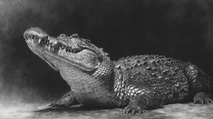 Hyper-realistic, detailed black and white pencil drawing of a crocodile portrait, showcasing its full body in a dynamic pose. The artwork should emphasize the rough, scaly texture of its skin