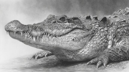 Hyper-realistic, detailed black and white pencil drawing of a crocodile portrait, showcasing its full body in a dynamic pose. The artwork should emphasize the rough, scaly texture of its skin