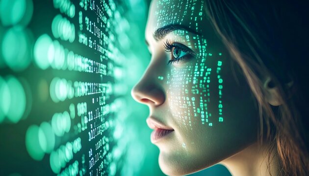 Close-up of a woman looking at a digital display with glowing code