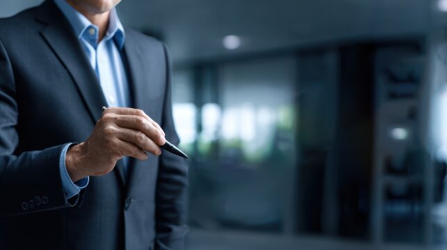 A businessman, poised in a sleek suit, confidently holds a pen, symbolizing decision-making and leadership in a modern office setting, ready to draft ideas and strategies.