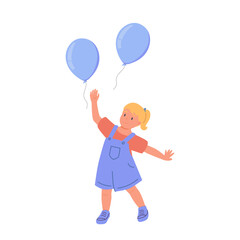 Happy kid holding air balloons, set. Cute children, celebrating holiday fun with festive helium baloons in hands. Joyful