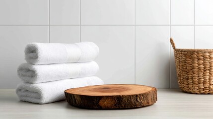 This image showcases neatly stacked white towels alongside a rustic wooden slice and a woven basket, creating a tranquil and inviting bathroom atmosphere.