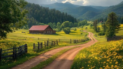 Peaceful rural settings with dirt roads wooden fences wildflowers and old barns reflecting slow-paced sustainable lifestyles and scenic countryside environments